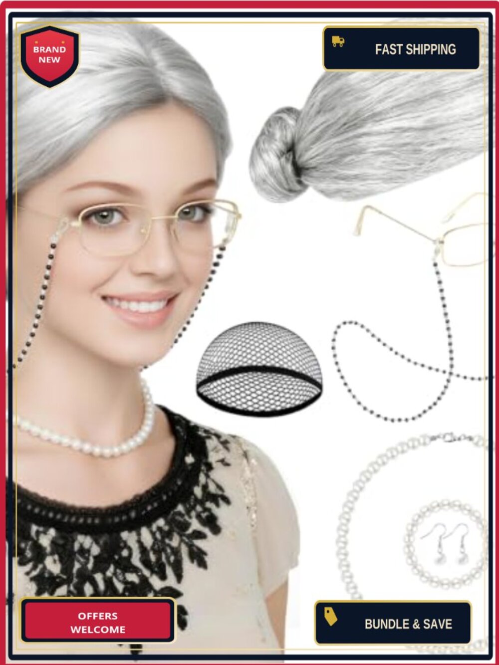 Granny Wig Set Silver Bun Costume 7Pc with Glasses Jewelry